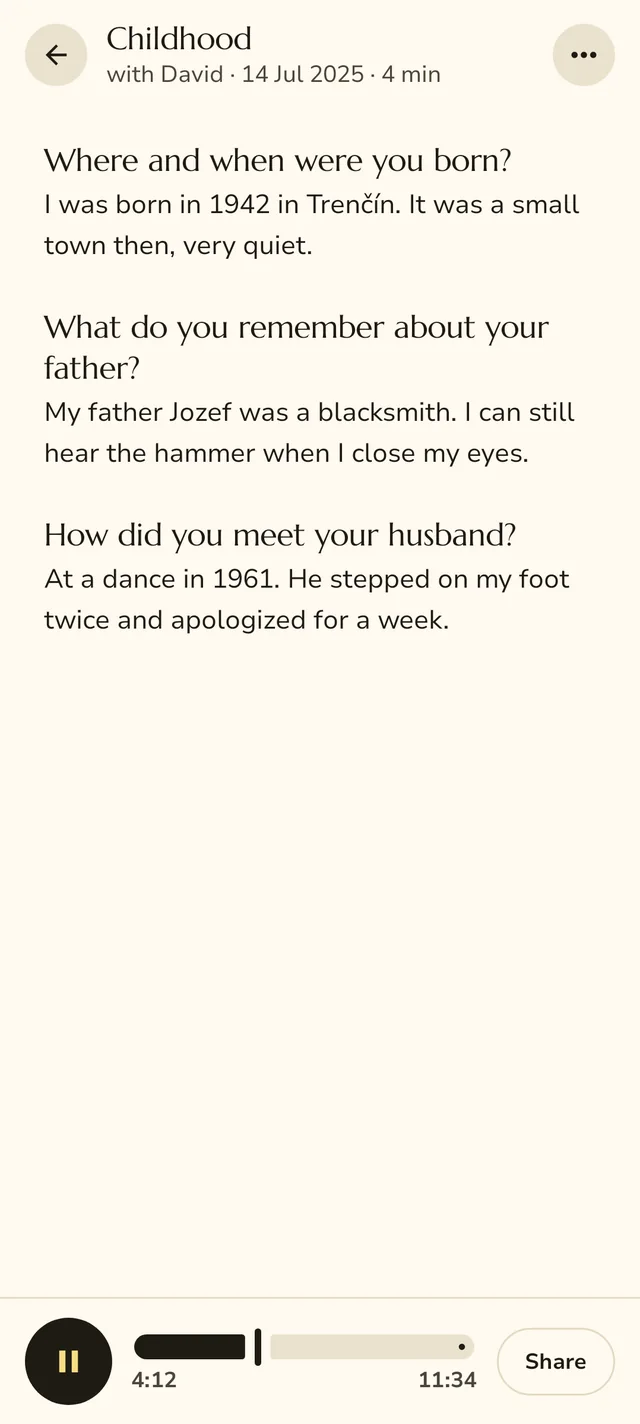 A saved conversation in Meemori: the written transcript with a playback bar.