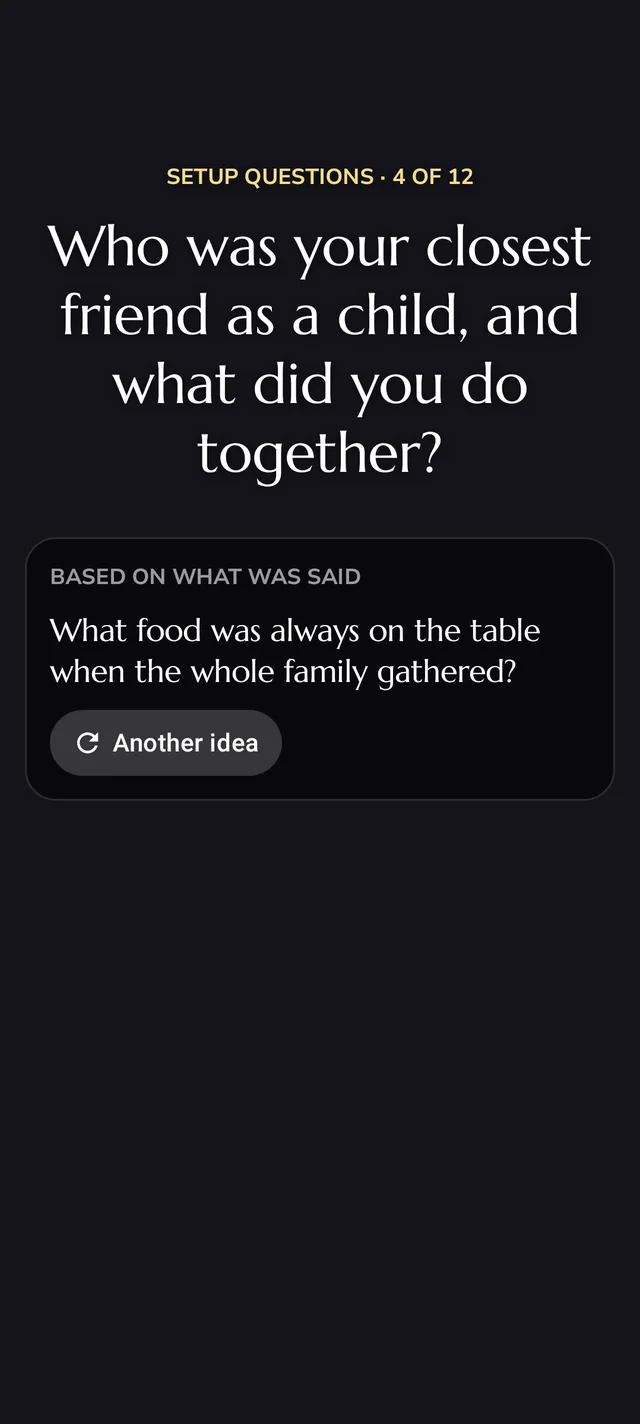 The Meemori recording screen: the question “Who was your closest friend as a child, and what did you do together?” with a suggested follow-up below it.